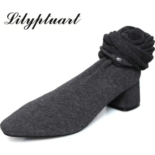 2019 new knitted wool material TPR soles socks boots simple style square head with thick heel fashion boots shoes woman