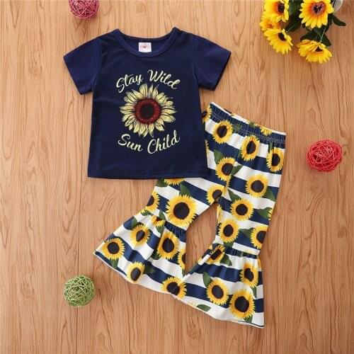 New Infant Kids Girls Sunflower Print Clothes Set, Letter Print Short Sleeve O-neck T-shirt + Striped Flared Long Pants 1-6T