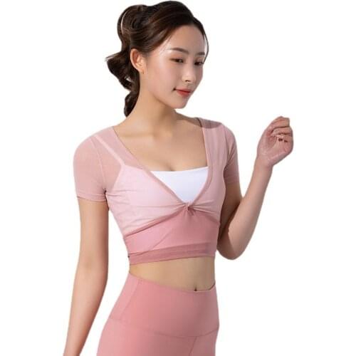 2021 Summer New Breathable Mesh Sports Top Slim Kink Design Women Sexy Deep V Yoga Short Sleeve Beauty Back Fitness T-shirt