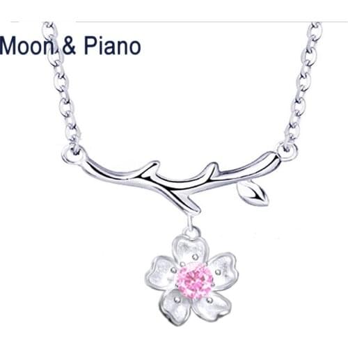 925 Sterling Silver Sakura Necklace Sweet Cherry Blossoms Office Lady Fine Jewelry for Woman Wedding Gift New Arrivals