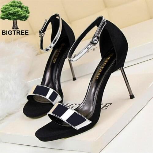 BIGTREE Summer Concise Thin Heels Sandals Women PU Leather Flock Fashion Buckle High Heels Shoes Open Toe Womens Dress Sandals