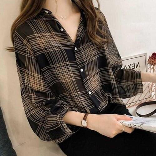 XEJ Chiffon Blouse for Women Korean Fashion Oversized Shirt Summer Plaid Long Sleeve Top Womens Blouses and Shirts Sexy Top