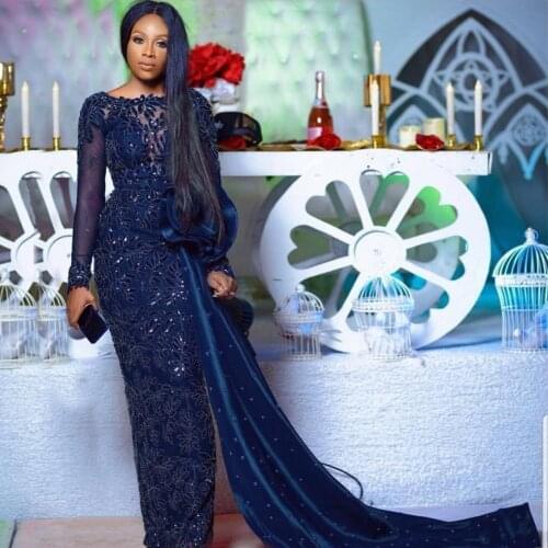 Navy Blue Long Sleeves Shiny African Evening Dress Straight Detachable Train Plus Size Formal Occasion Prom Party Gowns