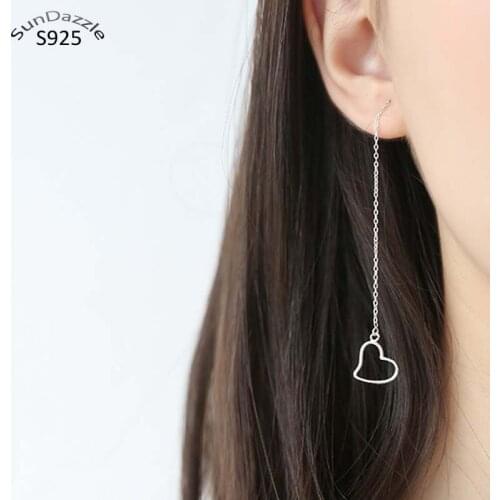 Genuine Real Pure Solid 925 Sterling Silver Long Dangle Earrings Women Fine Jewelry Heart Female Drop Earrings