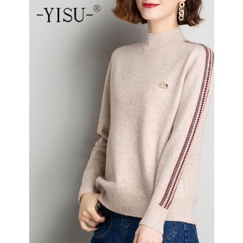 YISU Winter Women Sweater Solid color Loose Half turtleneck Casual Jumper Fashion Knitted pullover Long sleeve Winter top