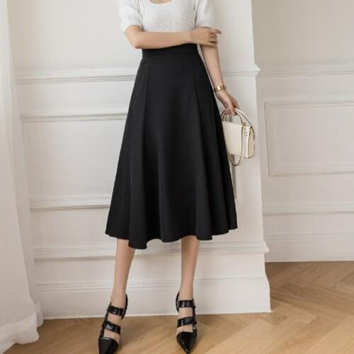 2021 New Spring Summer Women Midi Skirt Fashion Solid Color High Waist A-line Ruffed Long Skirt Office Lady Elegant Skirt