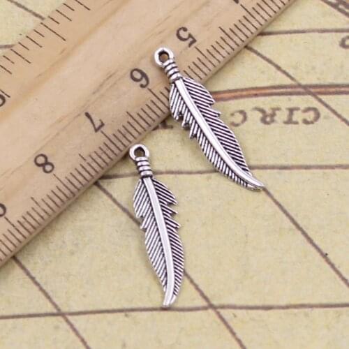 40pcs Charms Leaf Feather 27x7mm Antique Bronze Silver Color Pendants Making DIY Handmade Tibetan Finding Jewelry For Bracelet