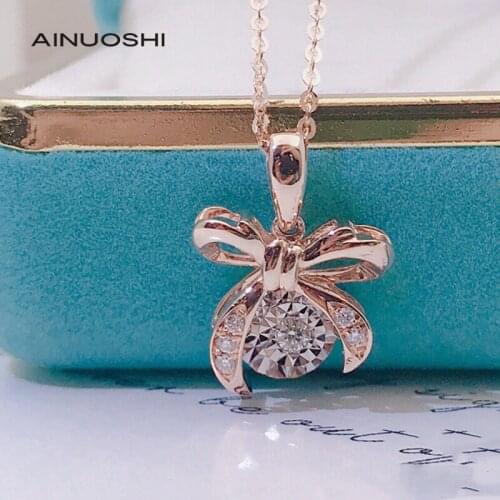 AINUOSHI 18K Gold Round Cut 0.06ct Real Diamond Bowknot Dancing Pendant Necklace Promise Anniversary Jewelry Gift For Women 18