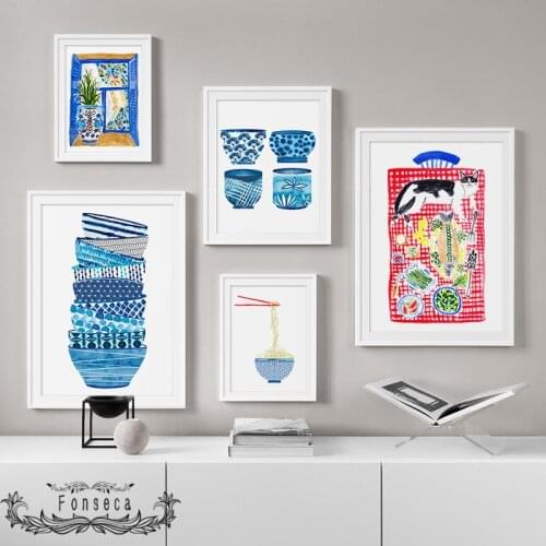 Watercolor Stacked Bowl Noodles Food Canvas Painting Nordic Illustration Naughty Cat Posters Kitchen Restaurant Home Decor