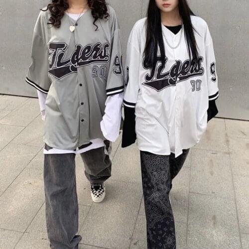 Baseball Shirt Women and Men Hippe Vintage Oversize Hip Hop Streetwear Korean Style Short Half Sleeve Button Up Blouse