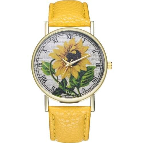 Simple Luxury PU Leather Watches Quartz Wrist Watches Sunflower Painting Women Ladies Couple Watch Clock Jewelry &Ff