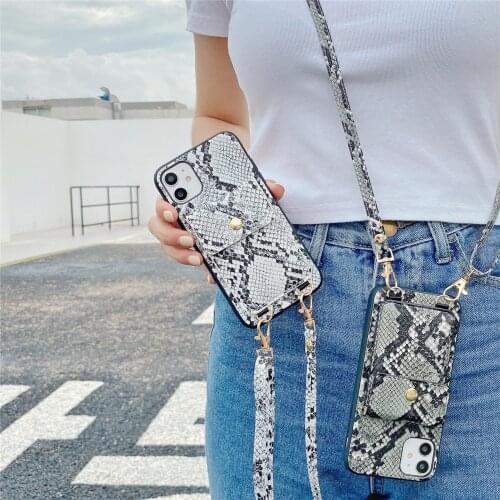Wallet Stand Messenger Long Shoulder Strap Phone Case for iphone 12 11 pro Xs maxr XR 8 7plus Snake Skin Texture case with chain