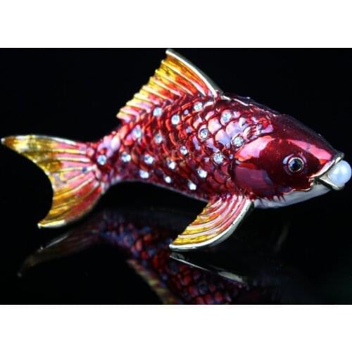 Feng Shui Pewter Fish Statue Figurine with Rhinestone Fish Trinket Statue