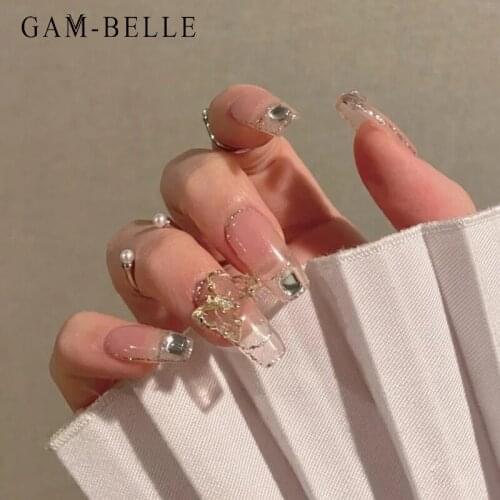 GAM-BELLE Clear Gold Foil Fake Nails with 3D Butterfly Rhinestones Designs French Ballerina Artificial Press On Nails Decoration