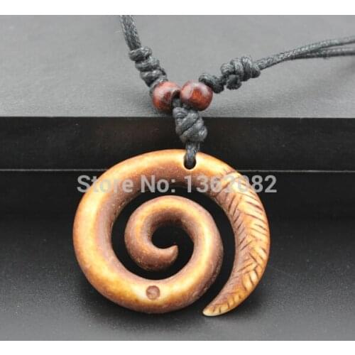 Imitation Yak Bone Hand Carved Spiral Swirl Maori Fishhook Surfer Amulet Koru Pendant Necklace Gift MN247