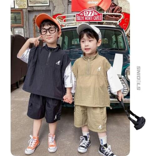 Teen Boys Clothing Sets 2021 Summer New Childrens Korean Handsome Suits Color Matching Zipper Tops Cargo Shorts Boys 2pcs Set