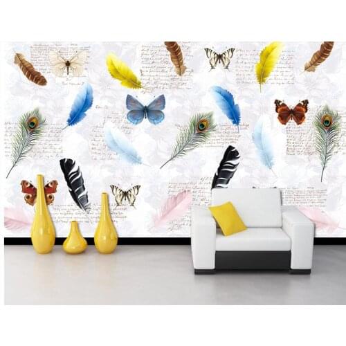Colorful feather butterfly English American restaurant bar background wall wallpaper,living room sofa TV wall bedroom 3d mural