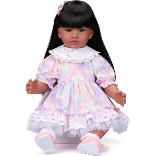 NPK 60CM Reborn Toddler Princess Girl Doll in Dark Tan Skin Soft Body Doll Lifelike Real Touch Cuddly Baby Doll