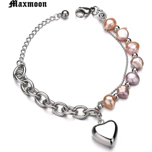 Maxmoon New Sweet And Lovely Imitation Pearl Beads Fashion Stainless Bracelet Heart Charm Bracelets And Anklets Femal