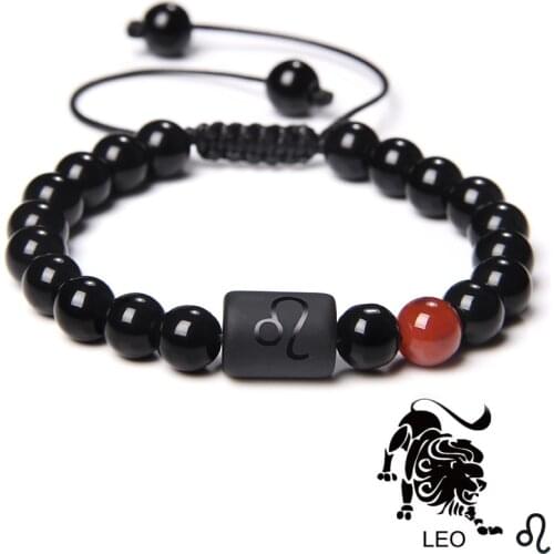 Natural Stone 12 Constellation Zodiac Signs Beads Bracelet Cancer Leo Onyx Beaded Braided Bracelet for Women Men Couples Jewelry