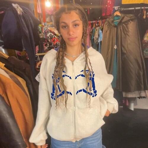 New Autumn Winter Gothic Harajuku Love Bone Gesture Print Hoodies Cool Girl Punk Loose Long Sleeve Fashion White Sweatshirt