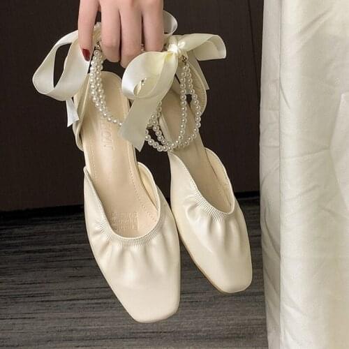 New Sweet Back Butterfly Ankle White Pearls Wrap Chunky High Heel Sandals Slingback Pointed Toe Soft Single Dance Party Shoes