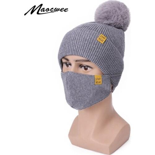Autumn Winter Pompon Hat For Women Fashion Solid Color Mask Beanies Set Keep Warm Windproof Outdoor Knitted Mask Bonnet Ski Caps
