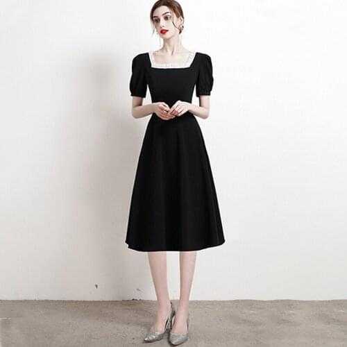 Bridesmaids Dresses Vintage Sequare Collar Short Pearls Knee-Length A-Line Luxury Black Elegant Women Wedding Party Gown E738