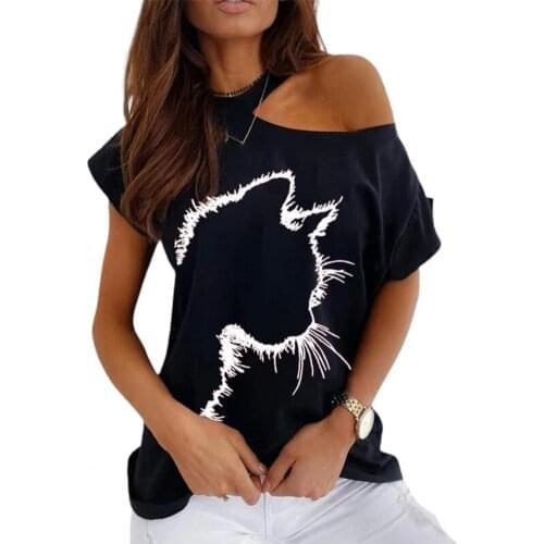 Casual Women T-shirt O Neck Cats Print Short Sleeve Loose Blouse Top Spring Summer Ladies Fashion Pullover Tops Womens Clothing