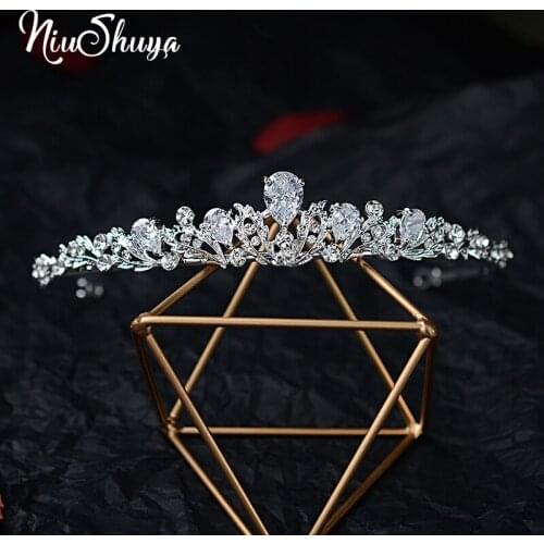 NiuShuya Simple Crystals Rhinestones Cubic Zircon Wedding Tiara CZ Bridal Princess Pageant Party Crown for Bridesmaids Girs