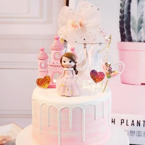 Pink Girls Princess Cake Topper Resin Castle Birthday Happy Cake Decoration For Princess Party Wedding Supplies Gifts