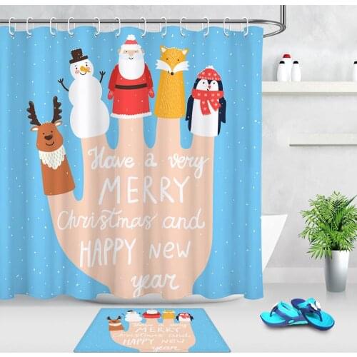 Merry Christmas Cartoon Shower Curtain Environmental With Hook Santa Snowman Deer No Punching Shower Curtain Rod Matching