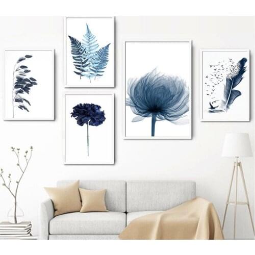 Blue Botanical Leaf Poster Minimalist Nordic Flowers Plant Self-adhesive Wall Sticker Wall Art Pictures for Living Room Decor