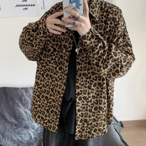 Dark Hip-hop Leopard Shirts for Men Fashion Retro Loose Casual Harajuku Long Sleeve Shirt Trendy Japanese Streetwear Men