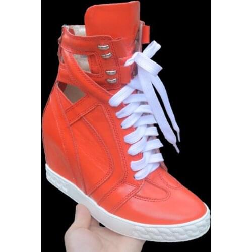 Carpaton Round Toe Lace-up High Top Shoes Breathable Red Leather Women Sneaker Height Increasing Casual Shoes