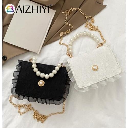 Vintage Women Pure Color Lace PU Leather Shoulder Crossbody Messenger Bag Casual Ladies Pearl Chain Small Top-handle Handbags