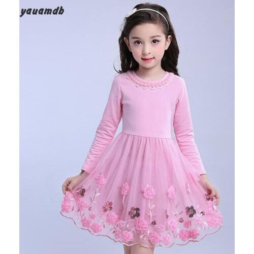 Yauamdb Girl Autumn Spring Kid 4-14y Cotton Princess Dresses Embroider Knee Legnth Long Sleeve Cute Brand Childrens Clothes Y43
