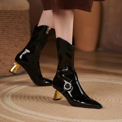 Womens Pointed Toe Ankle Boots Pearls Buckle High Heel Shoes Patent Leather Chelsea Luxury Black White New 2022