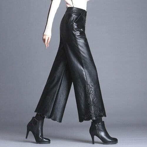 2018 Fall Winter Fashion Womens Embroidery Black Pu Leather Pants , Female Woman Ankle Length High Waisted Wide Leg Trousers