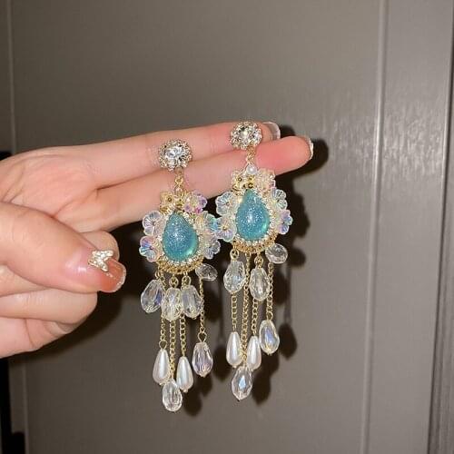 S925 Needle Crystal Pearl Tassel Earring for Women Long Pendant Earrings Trendy Elegant Girl Dangle Earrings Wedding Jewelry