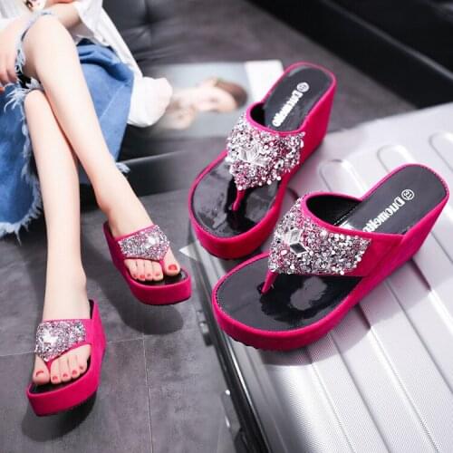 2021 Summer New Womens Flip-flops Slippers Outside Fashion Rhinestone Wedges Flip-flops Thick-soled Platform Slippers Slides
