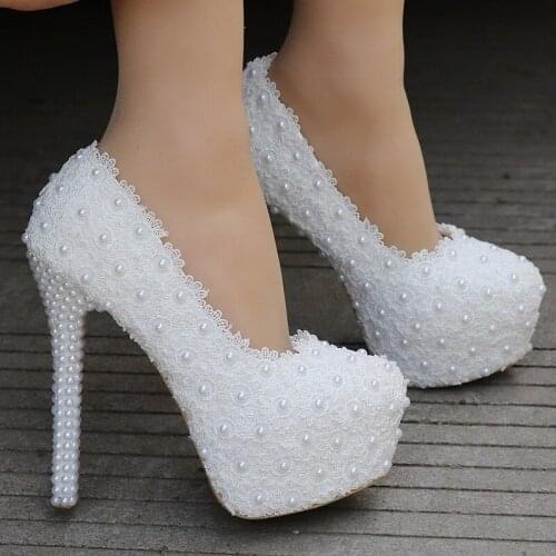 Womens High Heels Sexy women pumps wedding Party banquet Lace PU Rhinestones Slip On 11CM 14CM Thin High Heels Round Toe white