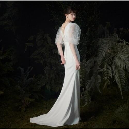 2021 French Mermaid Satin Wedding Elegant Birthday Party Prom Simple Hepburn Pearl Puff Sleeve Fairy Formal Trailing Dress A212