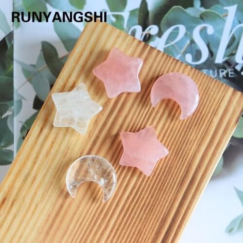 1pc Natural Rose quartz Crystal crafts Hand carving Healing stone Clear quartz Star and moon ornaments