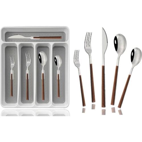 30Pcs Dinnerware Se Wooden Handle Stainless Steel Cutlery Knife Cake Fork Spoon Table Flatware Set With Plastic Storage Tray