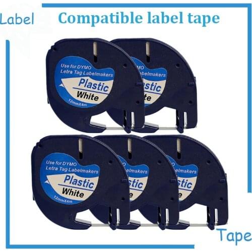 5PK 12mm Compatible DYMO Letratag plastic LT tapes Black on White 91201 for dymo LT printer