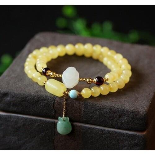 Natural Beeswax Amber Bracelets for Women Adjustable Elastic Jade Emerald Gemstones Beading Jewelry 9K Gold Bracelets Best Gifts