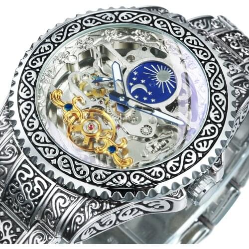 WINNER Man Tourbillon Watch Gold Skeleton Mens Watches Top Brand Luxury Engraved Vintage Mechanical Moon Phase Steel Strap Clock