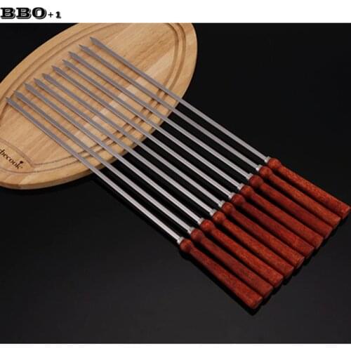 Wood BBQ Skewer16.5in 42cm Flat Skewers BBQ Needle Wooden Handle BBQ Fork Long Meat Kabob Skewer Stainless Steel BBQ Accessories