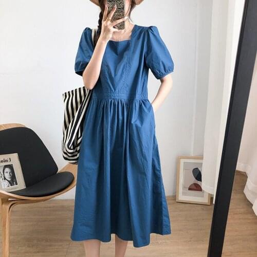 Pure Cotton Elegant Short Sleeve Midi Square Neck Blue Color Women Vintage Summer High Waist Dress Vestidos